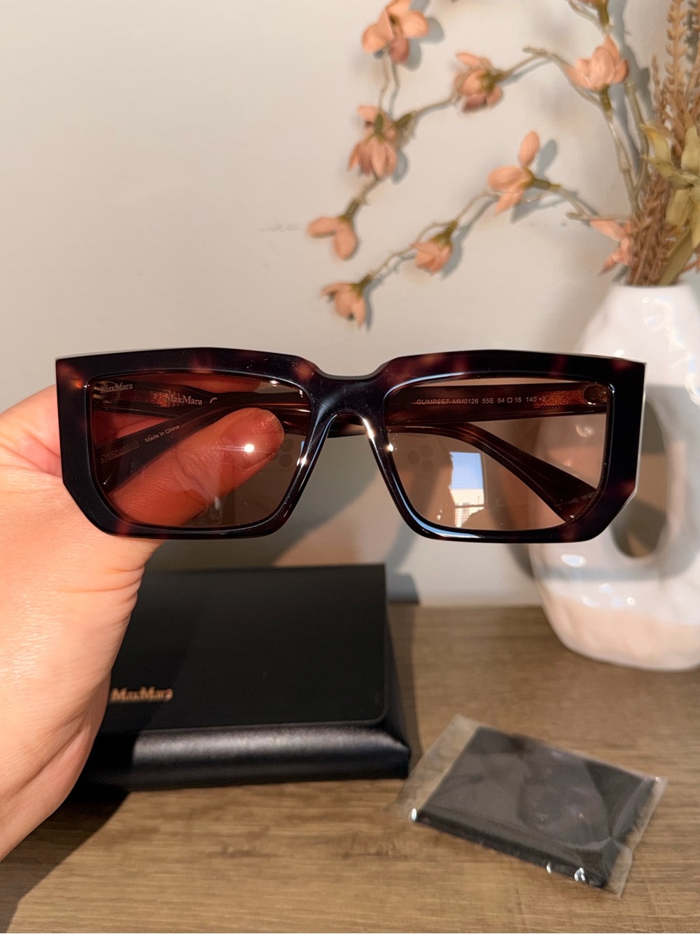 MaxMara Dark Tortoiseshell Rectangular Sunglasses with Brown Lenses